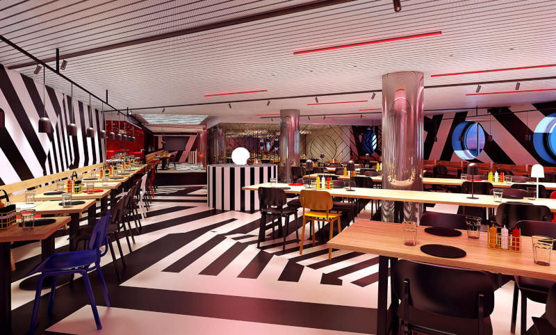 A rendering of the Scarlet Ladys Razzle Dazzle restaurant