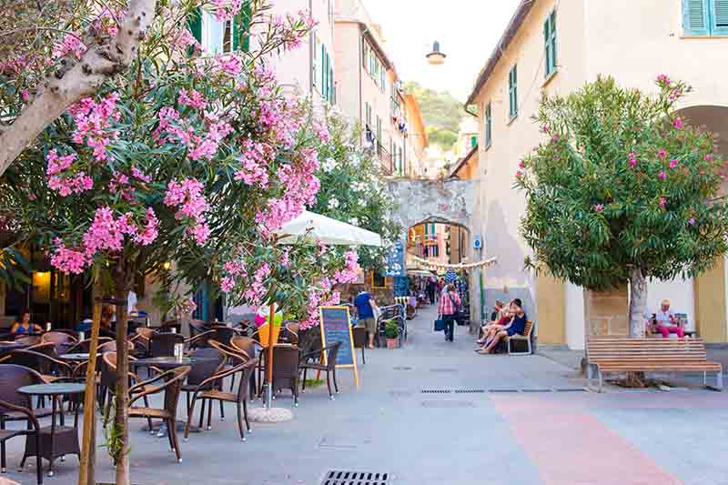 Cafes in a coastal village in Cinque Terre Italy