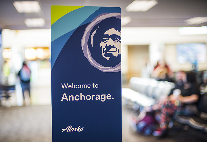 Alaska Airlines sign at Ted Stevens Anchorage International Airport