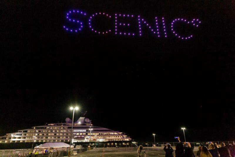 Drone show in the sky over San Francisco Bay, as Scenic Eclipse is docked at the pier.