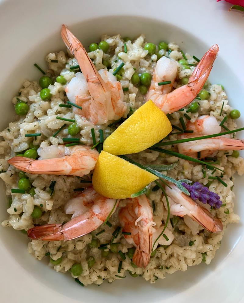 Moroccan Mint Risotto with Poached Green Tea Shrimp
