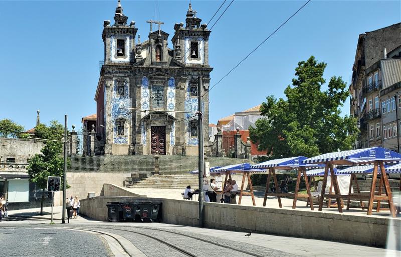 Downtown Porto, Portugal, church with blue tiled exterior