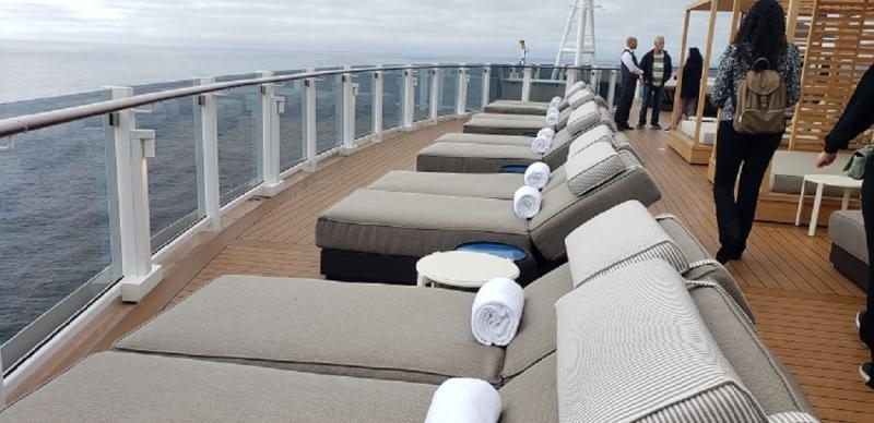 Lounger beds on the Sun Deck of the Haven on Norwegian Prima. 