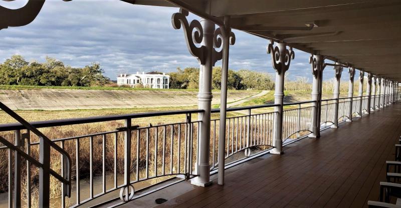 Deck of American Queen with view to Nottoway Plantation mansion in White Castle, LA.