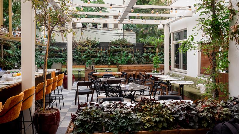 An outdoor restaurant terrace covered in greenery