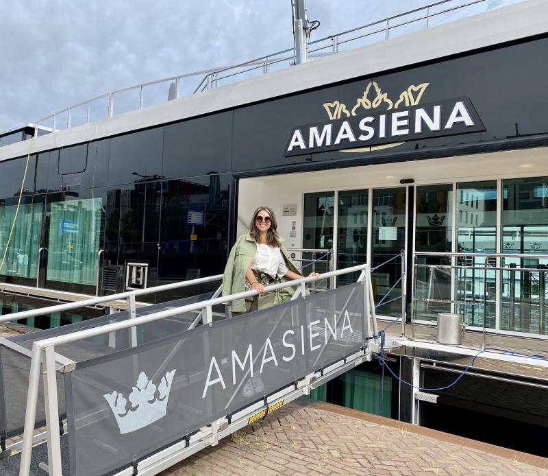 Janet Bava, chief marketing officer, AmaWaterways on the boarding gangway of AmaSiena.