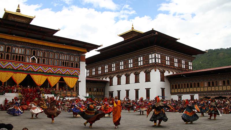 Masked dance in the courtyard of Thimphu Dzong