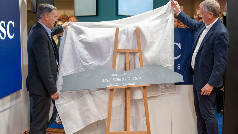 Pierfrancesco Vago, Executive Chairman, Cruise Division of MSC Group and Laurent Castaing, General Manager, Chantiers de l'Atlantique reveal the name of MSC World Asia