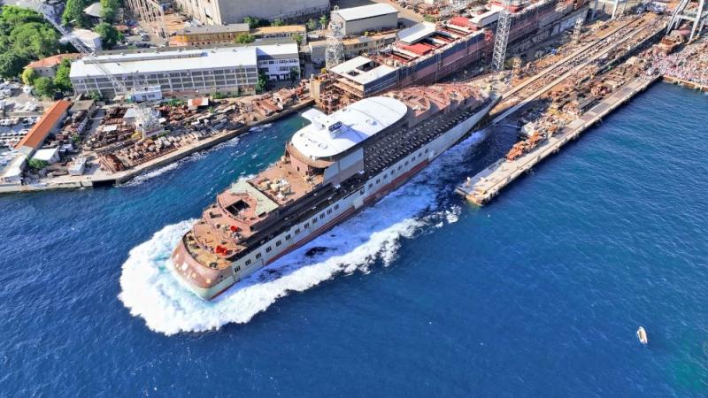 Scenic Eclipse II slides down the slip at a Croatian shipyard during its "float out" creremony.