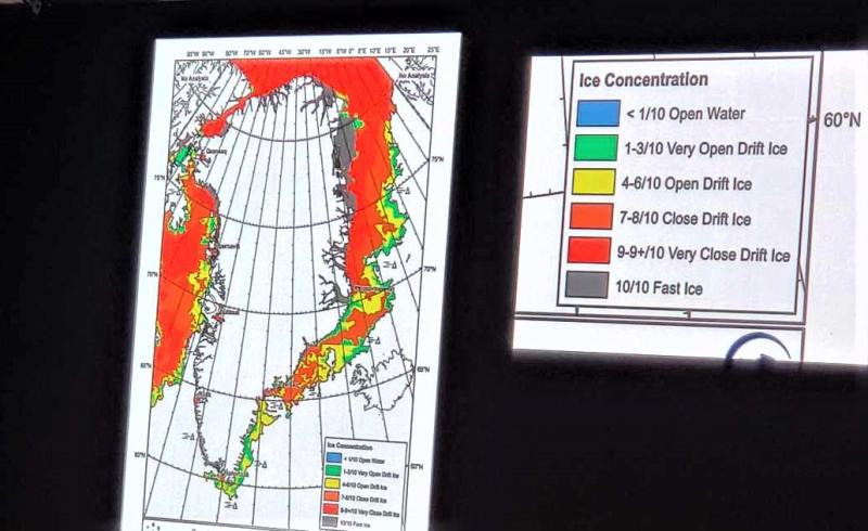 The red on this map represents Greenland's pack ice, which Seabourn Venture had to maneuver around. 