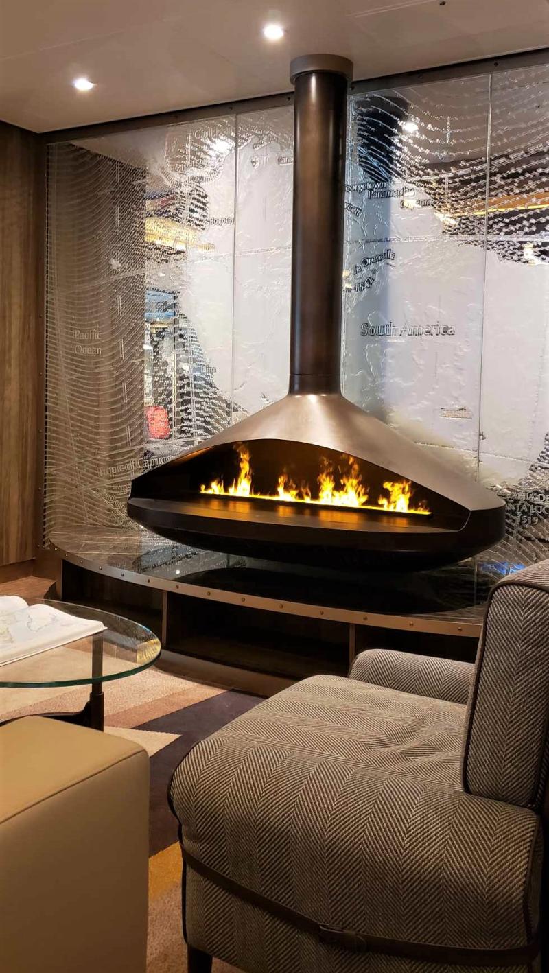 This is one of the realistic "faux fireplaces" in Seabourn Venture's Expedition Lounge.