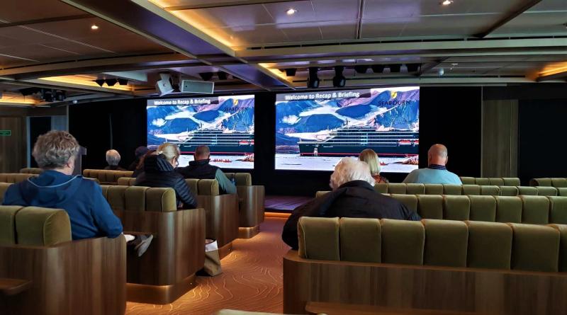 Seabourn Venture's Discovery Center is the ship's theater. It's the spot for Seabourn Conversations enrichment talks, expedition briefings, cultural programs and entertainment.
