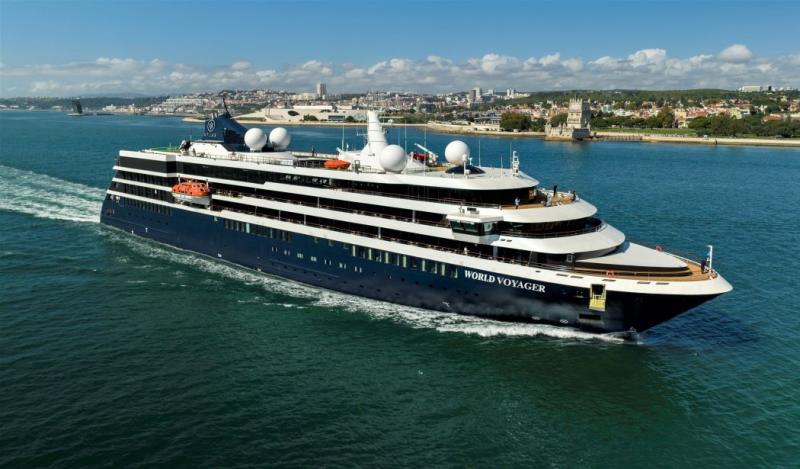 Shown in the Mediterranean near Lisbon, Portugal,  is Atlas Ocean Voyages World Traveler.