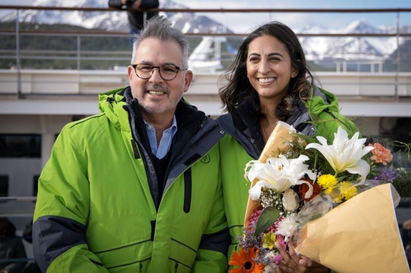 Shown at the christening of World Voyager in Antarctica are James Rodriguez, president and CEO, Atlas Ocean Voyages, and physiotherapist and British Army Captain Harpreet “Preet” Kaur Chandi, the ship's godmother. 