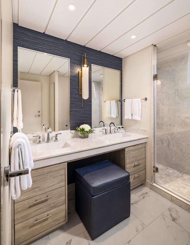 Bathroom of a Sky Suite on American Cruise Line's American Eagle coastal catamaran.