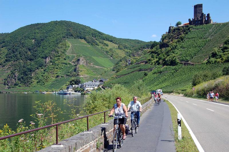 Bikers along the Mosel River in Beilstein, Germany