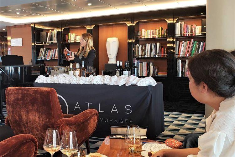 Visiting Vintner Patricia Hedge of Wine Tasting Events in Provence, France, came aboard Atlas Ocean Voyages' World Traveller to conduct a wine presentation and tasting for guests on the Epicurean Expedition voyage.