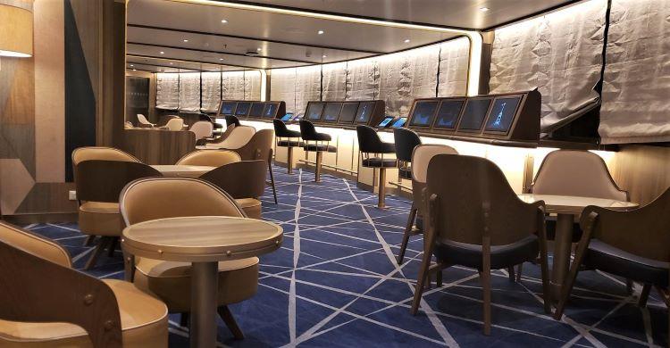 The forward Bow Lounge on Seabourn Venture has many monitors with navigation charts. 