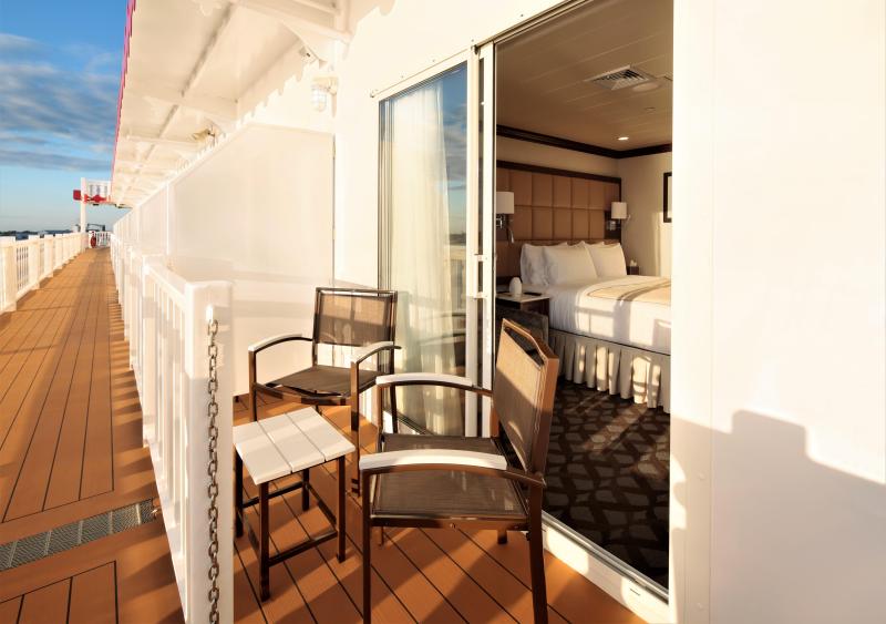 An "Outdoor Stateroom with Veranda" is partially enclosed and partially open to the walking track, with a chain that can be pulled for privacy.