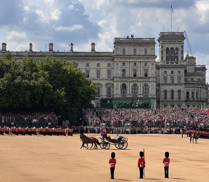 The Royal Family arrives for the Horse Guards Parade by carriage.