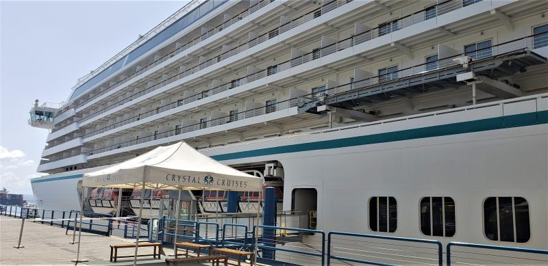 The revitalized Crystal Serenity is docked in Naples, Italy in late July 2023.