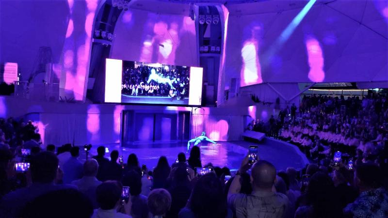 At the christening ceremony of Icon of the Seas, an aqua/aerial performance unfolded in the ship's AquaDome.