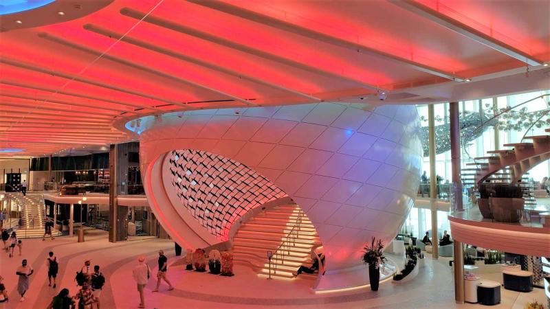 The Pearl, a central art piece and design element within The Royal Promenade of Royal Caribbean International's Icon of the Seas.