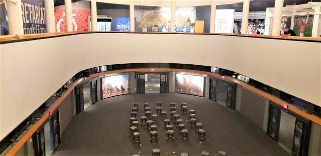 This massive screen loops 360 degrees within the Kentucky Derby Museum; the space is the site of a complex, multimedia presentation about the famous race.