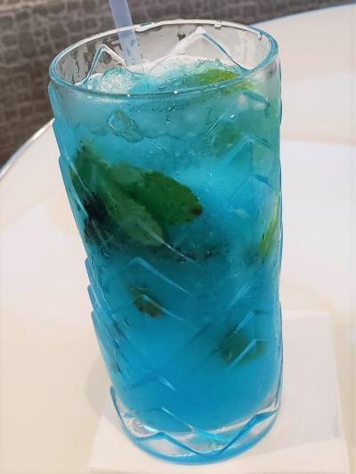 A pretty looking and tasty "mocktail," a zero-proof, non-alcoholic cocktail on Atlas Ocean Voyages. 