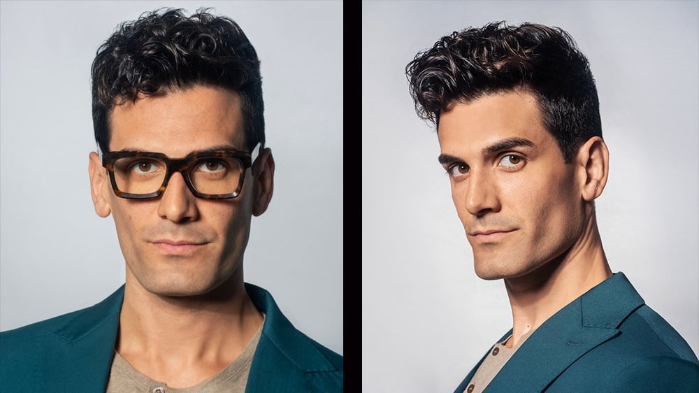 Front and side view of male model with dark pompadour hair and teal jacket