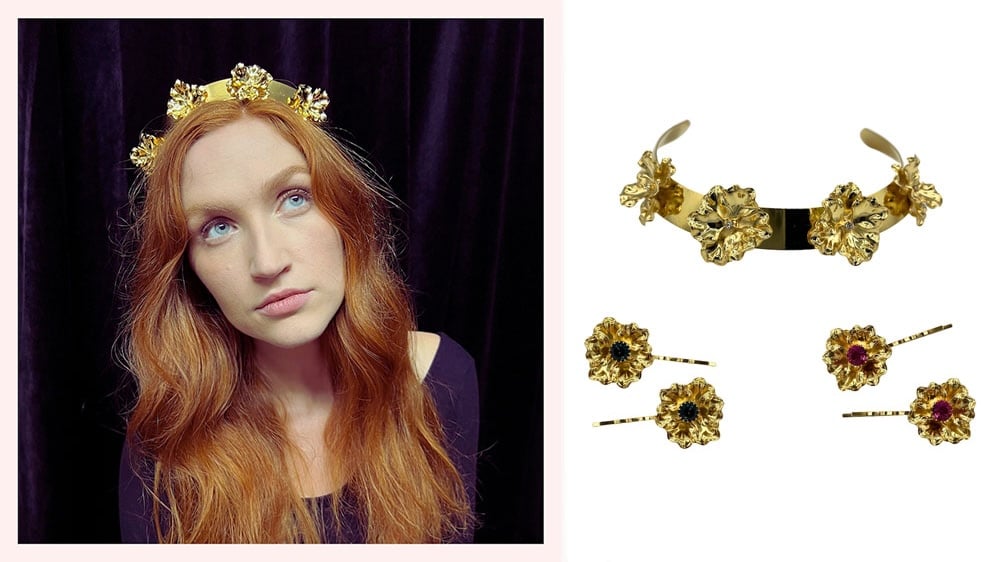 Redheaded female model wearing gold floral tiara