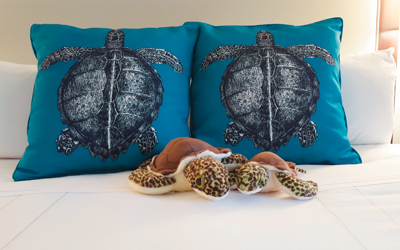 Plush sea turtles are placed in each suite