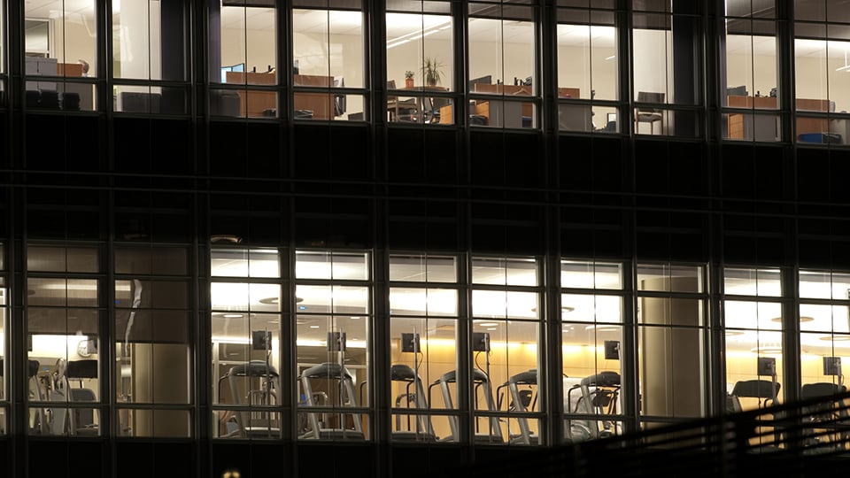 Night view of exterior of a corporate gym