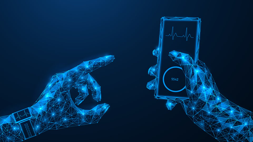 Illustration of hands holding an iPhone and wearing a smart watch