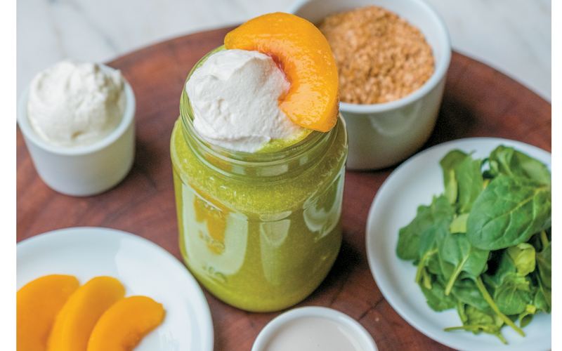 Peaches and Greens Smoothie by Kelly LeVeque 