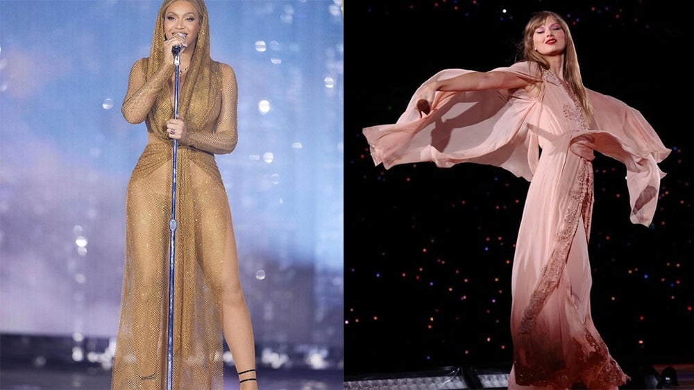 Beyonce left and Taylor Swift right are prompting mega sales in salons along their tour stops