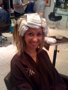 Getting the Bio-Lights put in my hair â€” they were so comfortable on my head!