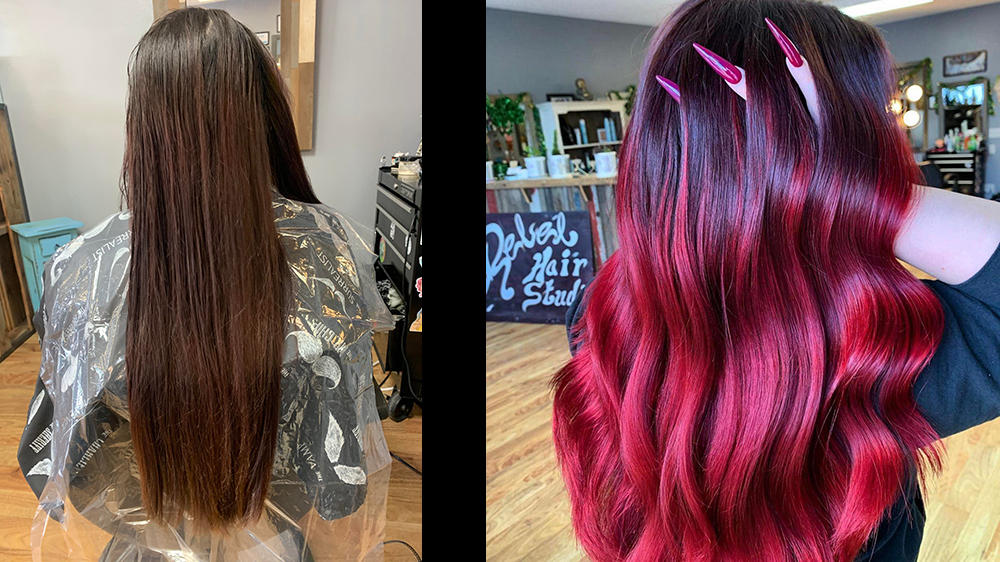 before and after images of brown hair colored magenta