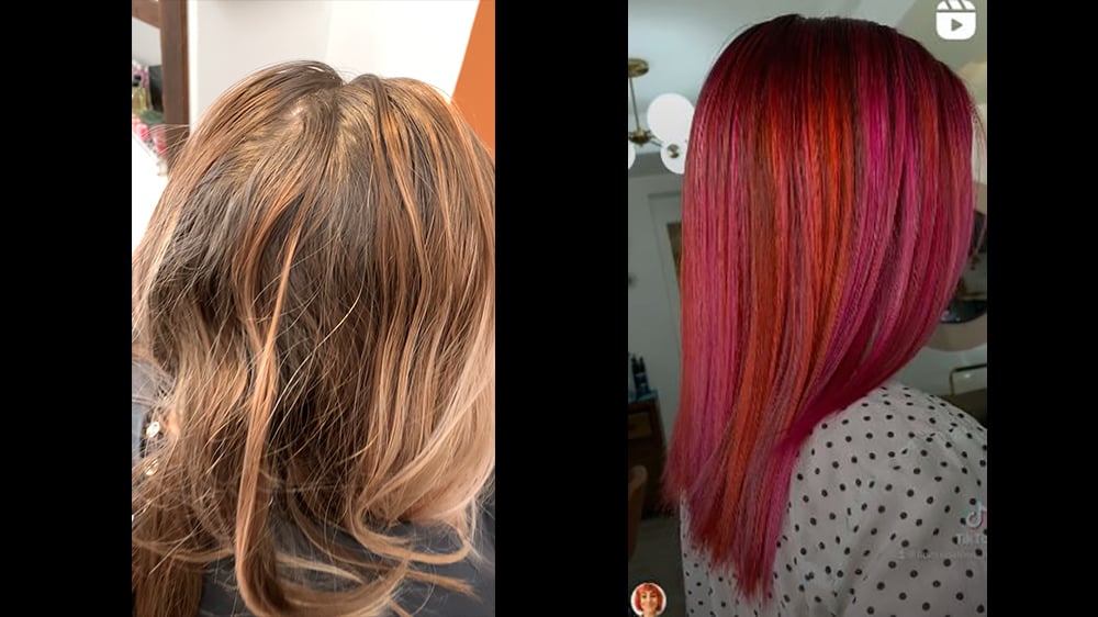 before and after images of Pravana Magenta Sunset Hair Coloring