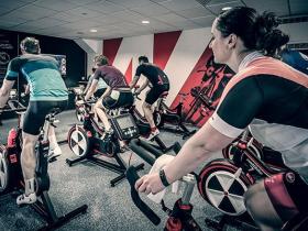 Indoor cycling class.
