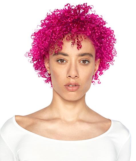 image of woman with natural, hot pink hair