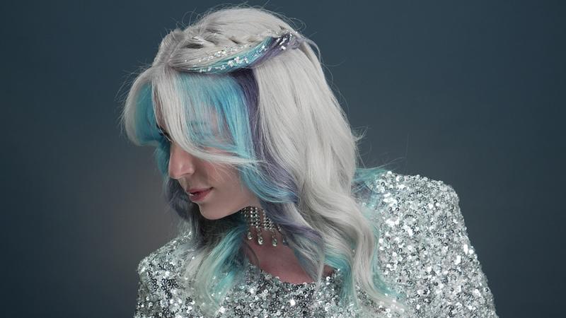 Robins egg blue and lilac haircolor with silver and grey accents