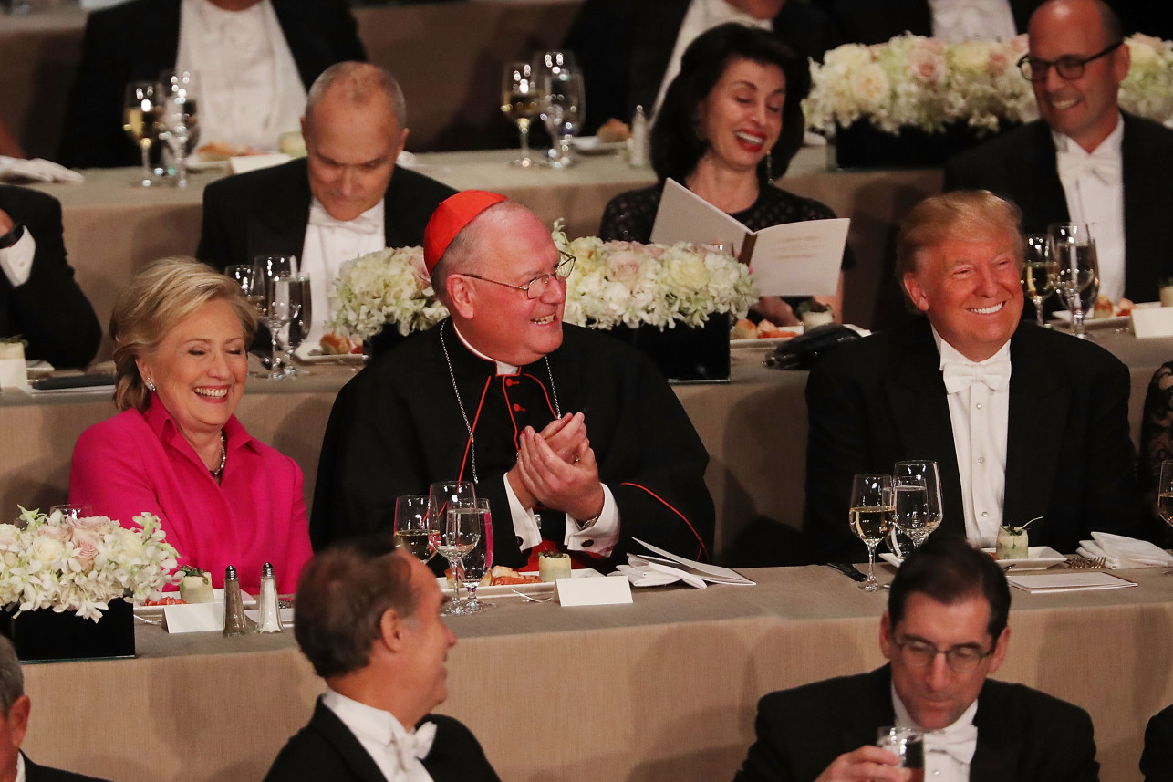 Donald Trump and Hillary Clinton smile at the Al Smith dinner in New York