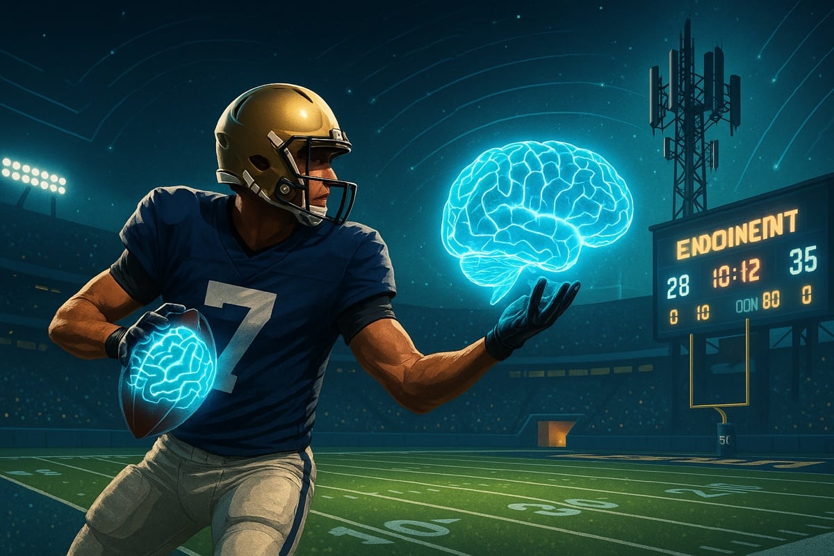 AI generated image of a quarterback about to throw a glowing electronic brain instead of a football The end zone is lit up w