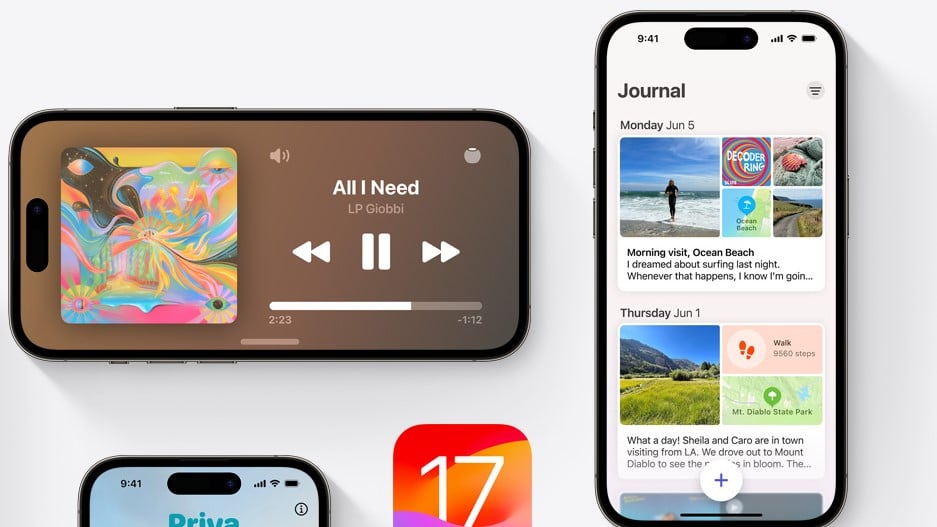 images of iPhones with screen images showing ios 17 features