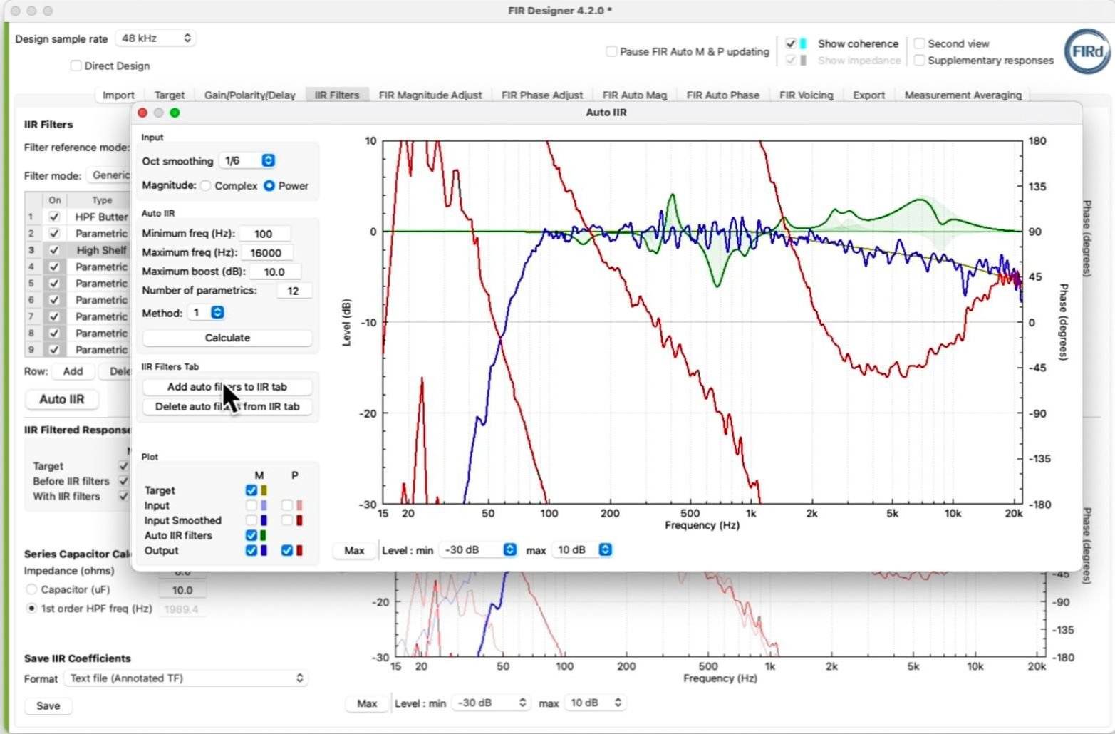Screenshot of Auto IIR window in FIR Designer software