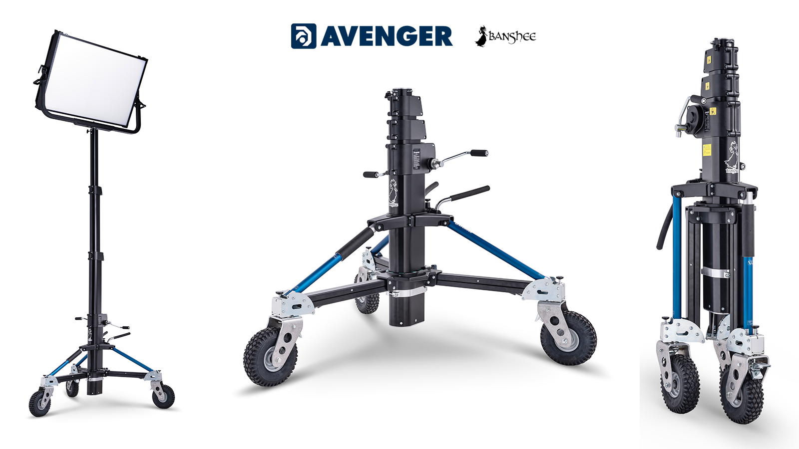Avengers Banshee heavy-duty cine lighting support shown in three configurations with a light open stand and folded