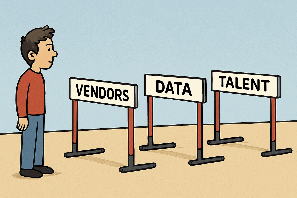 Three track-and-field-style hurdles Vendors Data Talent