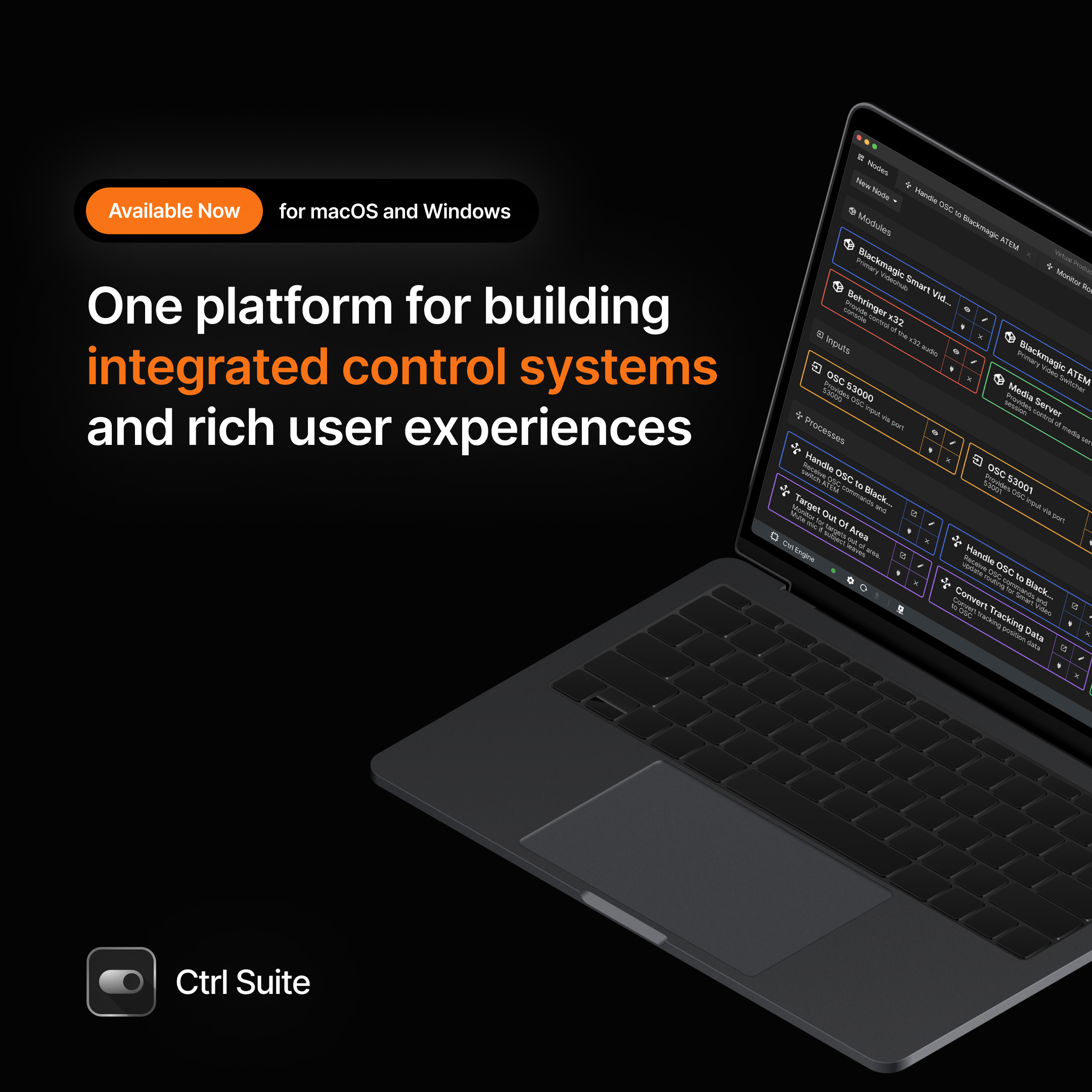 A laptop showing ON LXs Ctrl Suite software on a dark background Orange text reads One platform for building integrated co