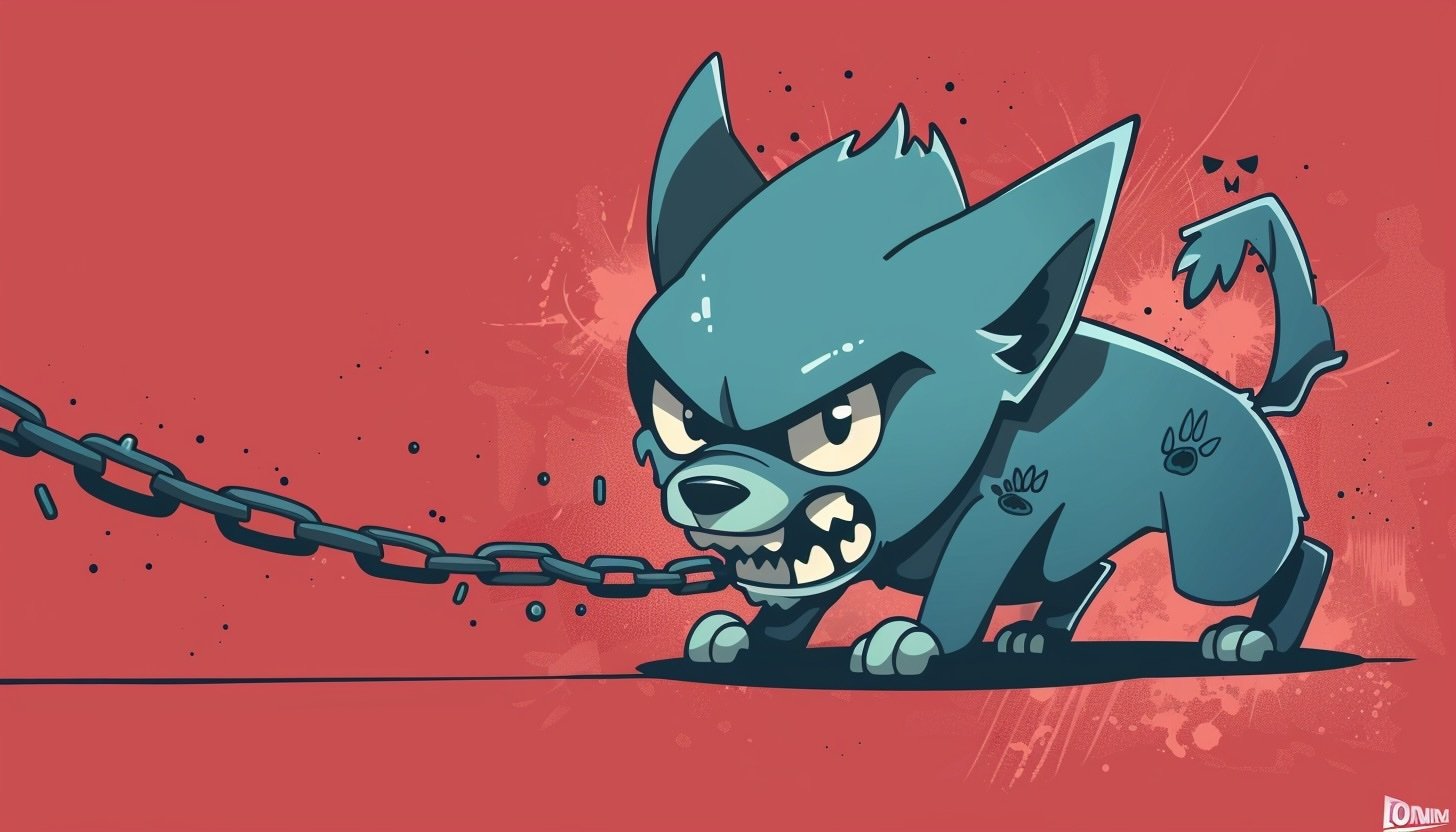 AI-generated cartoony image of a cute yet ferocious dog straining at its leash 